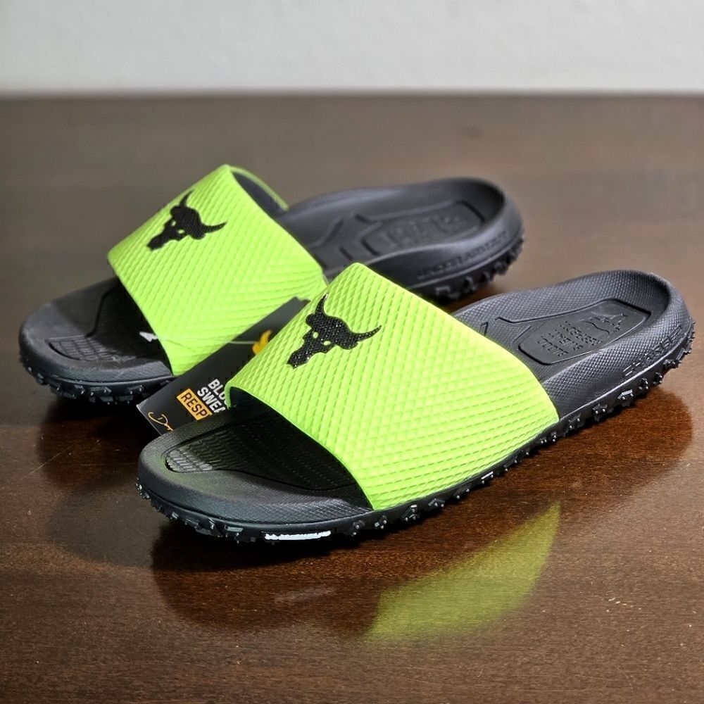 Under Armour UA Project Rock Slides 2.0 Volt Green Black Michelin Gripper 13 New